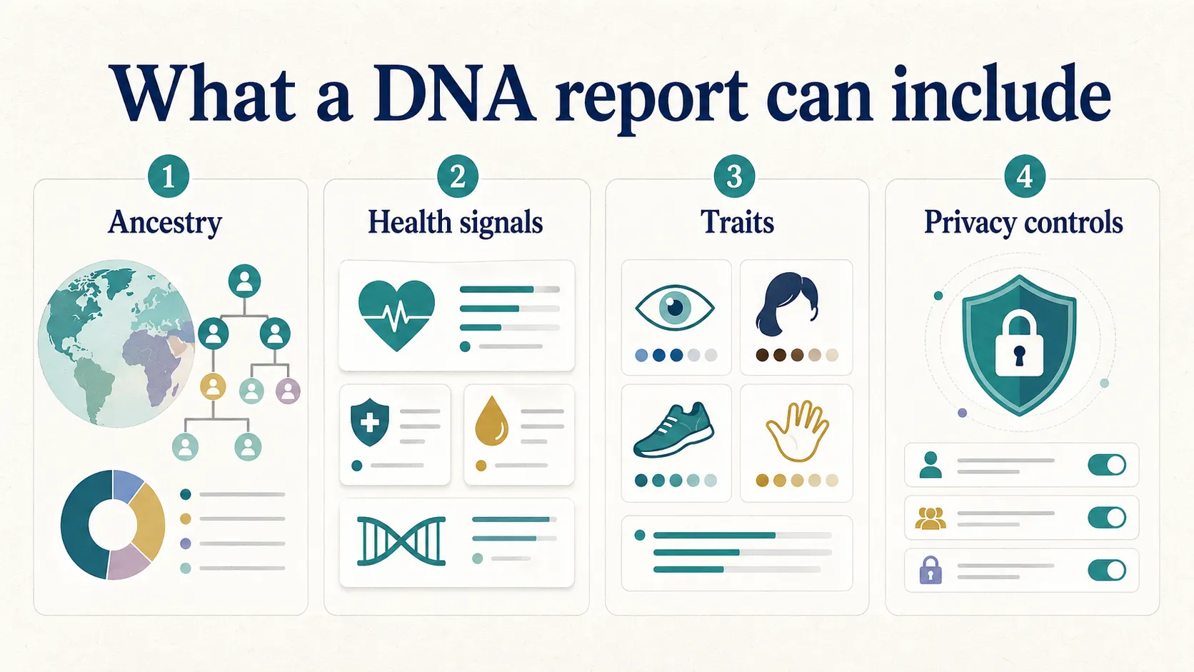 23andMe review graphic showing report layers for ancestry, health signals, traits, and privacy controls.