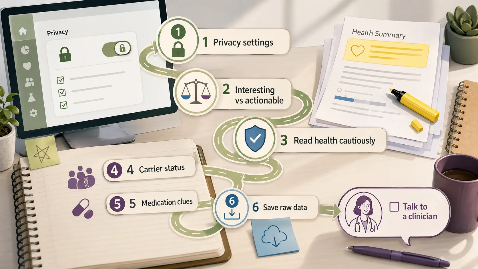 23andMe results roadmap showing privacy settings, actionable findings, health interpretation, carrier status, medication clues, raw data, and clinician follow-up.