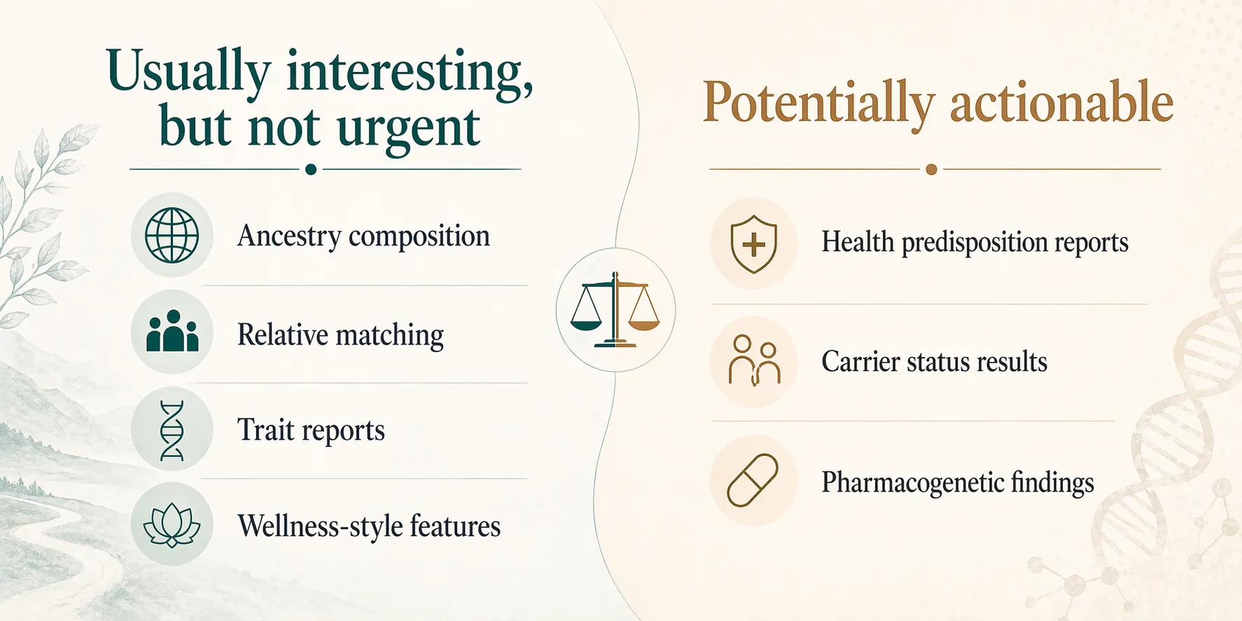Comparison board separating non-urgent 23andMe results from potentially actionable health-related results.
