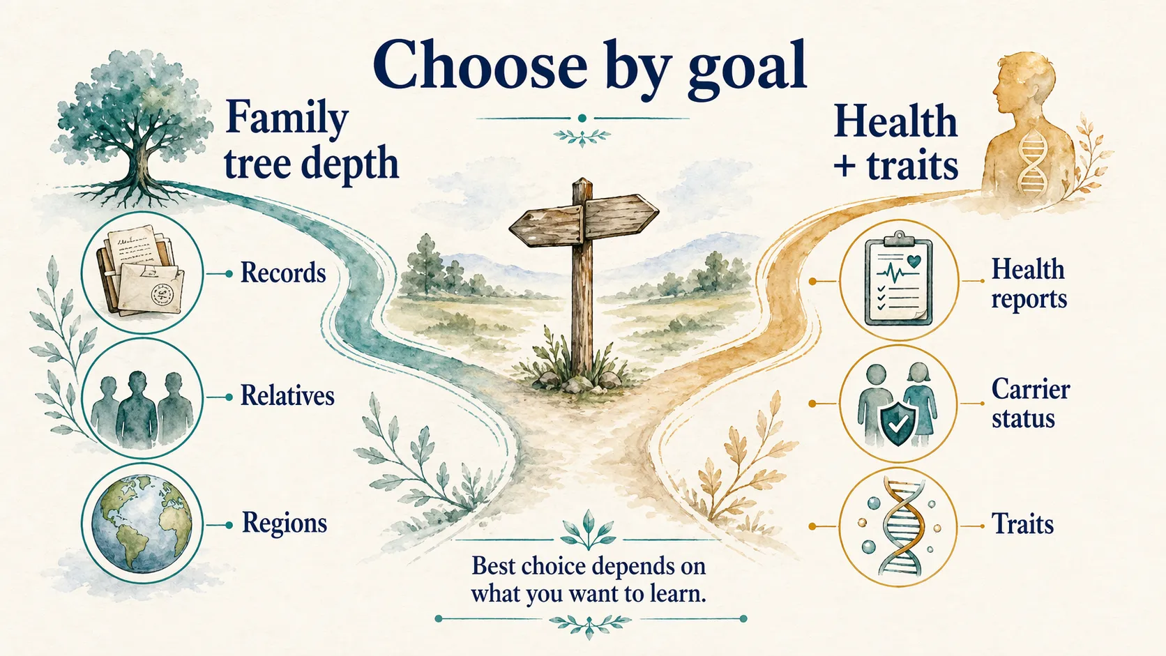 Decision-path infographic showing whether an ancestry-focused or health-plus-traits DNA test better fits a reader's goal.