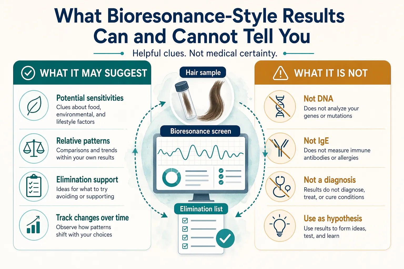 Explainer showing that 5Strands bioresonance-style results may suggest patterns but are not DNA, IgE allergy, or diagnostic results.