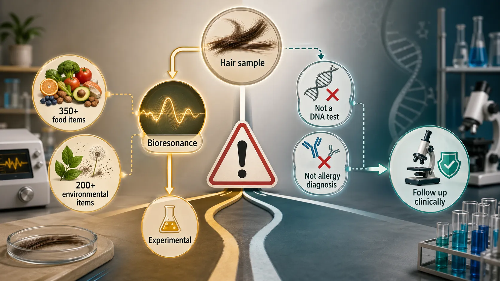 5Strands caution guide showing hair-sample bioresonance as experimental and not DNA testing, allergy diagnosis, or clinical confirmation.