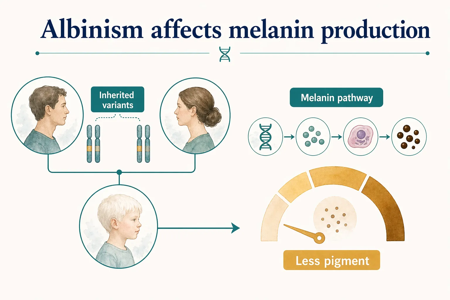 Albinism genetics graphic showing inherited variants affecting the melanin pathway and pigment level.