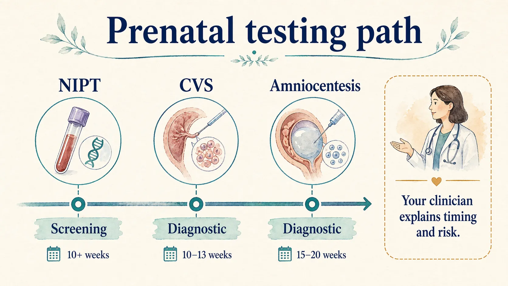 Prenatal testing pathway comparing NIPT screening with diagnostic CVS and amniocentesis.