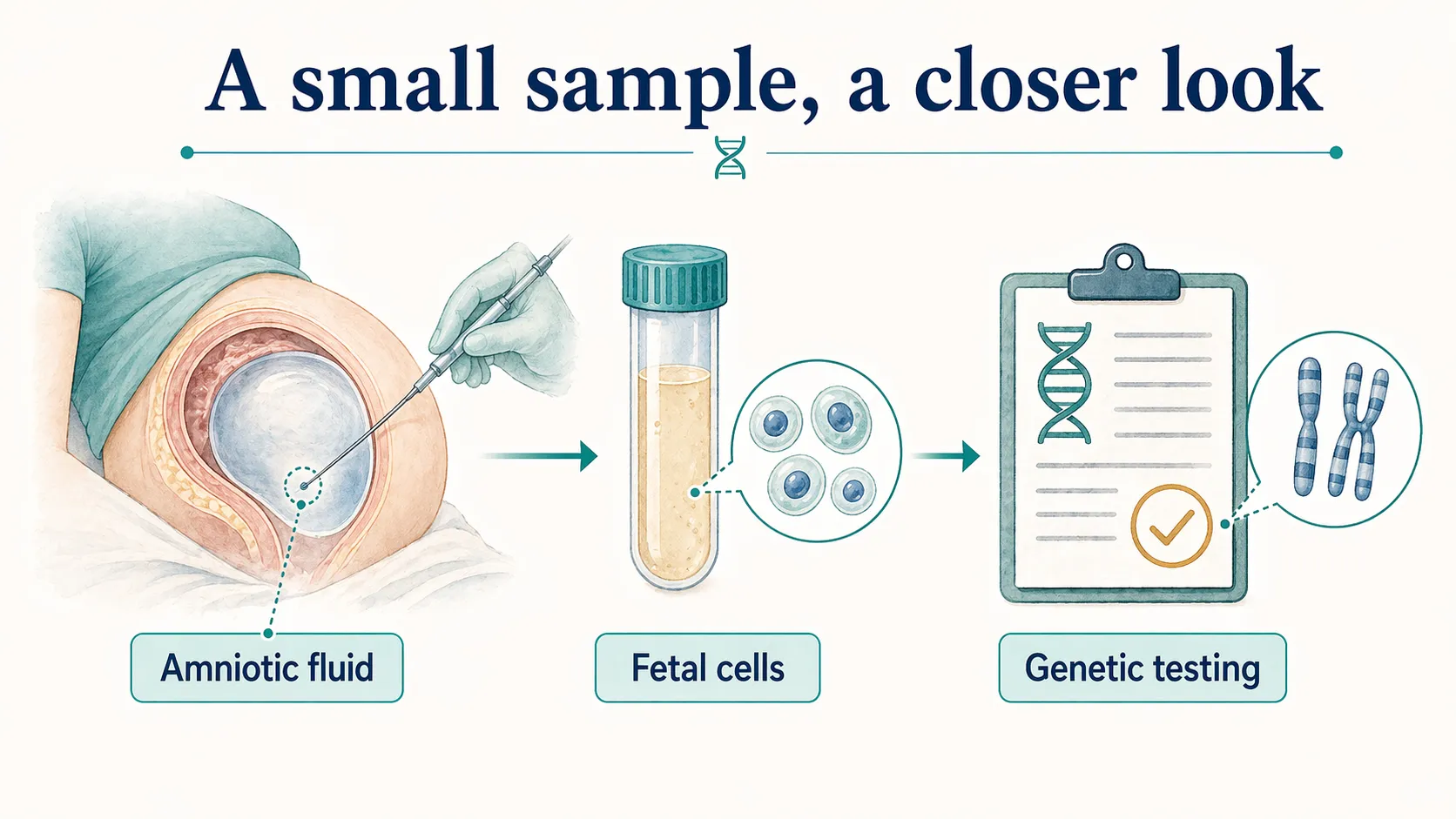 Amniocentesis graphic showing amniotic fluid, fetal cells, and genetic testing from a small sample.