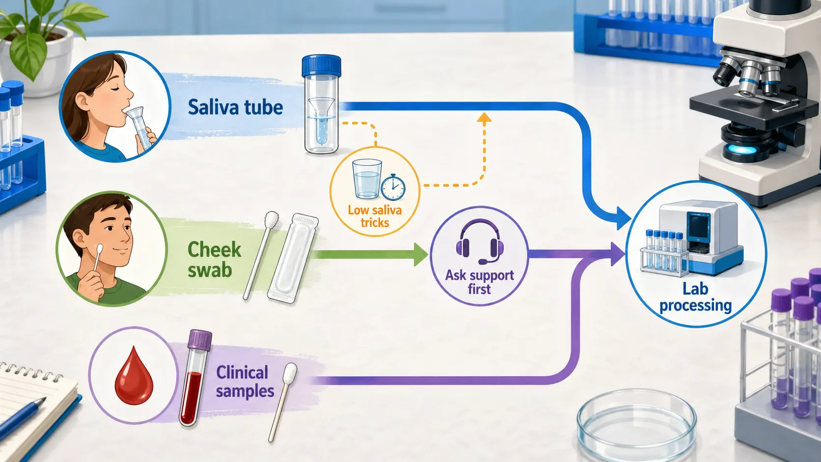 DNA sample path guide showing saliva tubes, cheek swabs, support approval, low-saliva tips, clinical samples, and lab processing.
