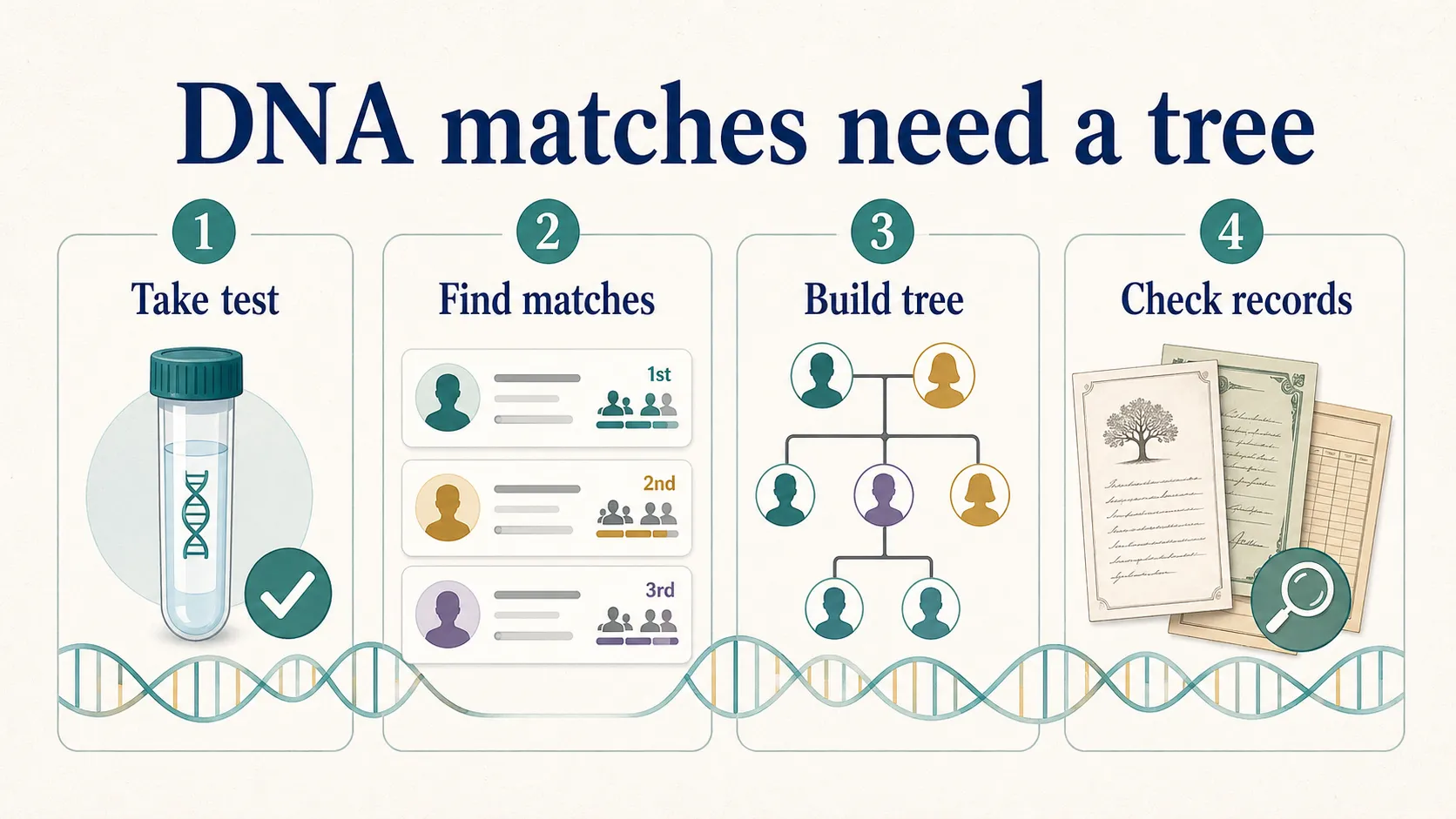 AncestryDNA review graphic showing testing, DNA matches, tree building, and record checking.