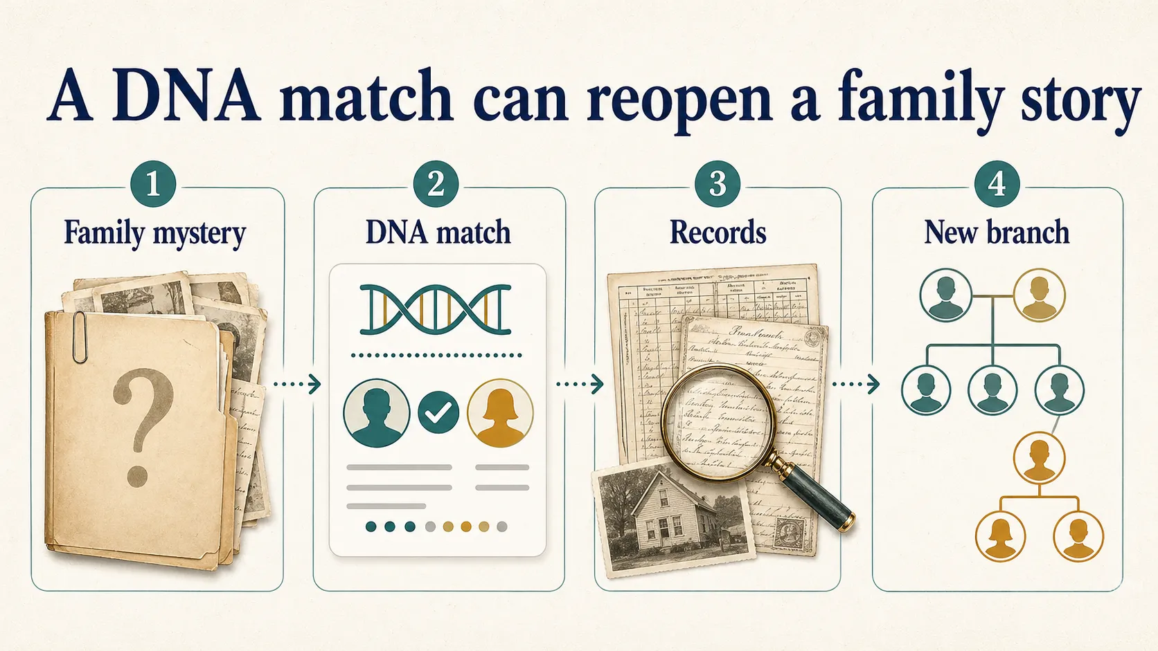 Genealogy graphic showing a family mystery reopened through a DNA match, records, and a new branch.
