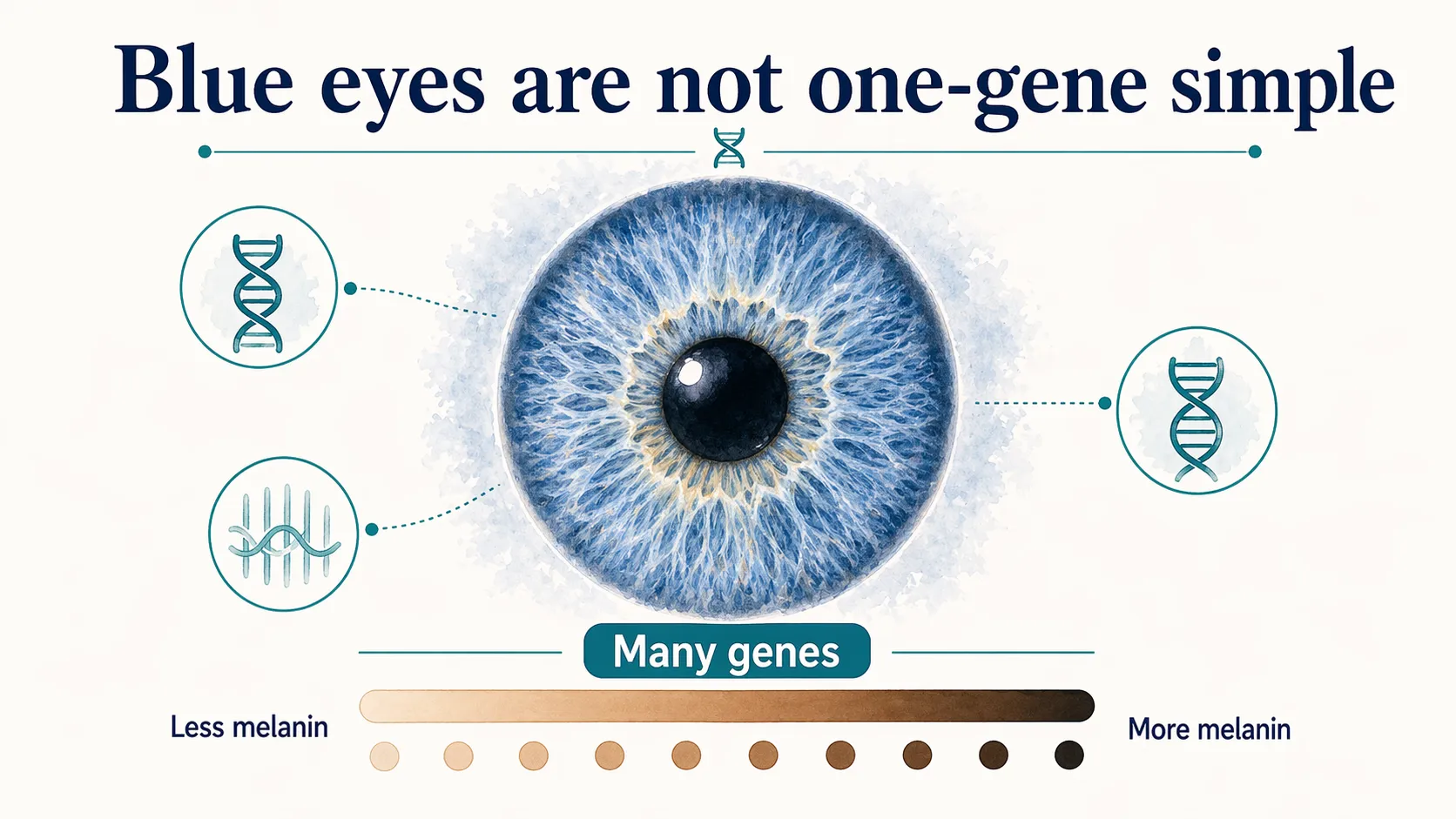 Blue eyes graphic showing eye color as a many-gene trait influenced by melanin level.