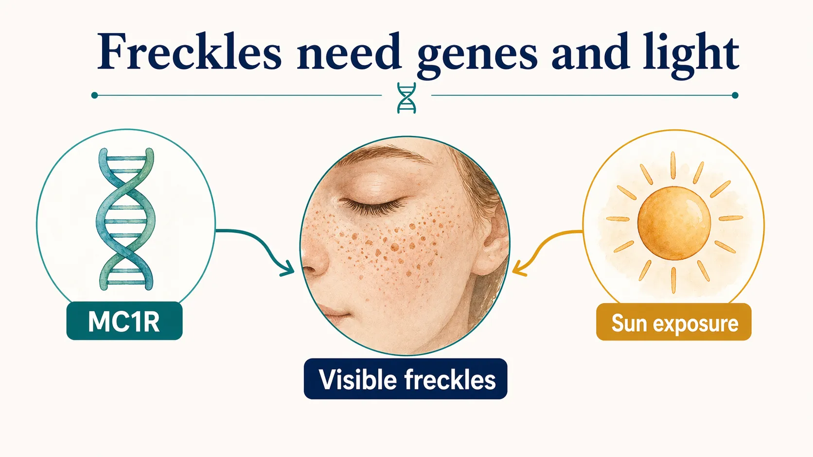 Freckles graphic showing MC1R and sun exposure contributing to visible freckles.