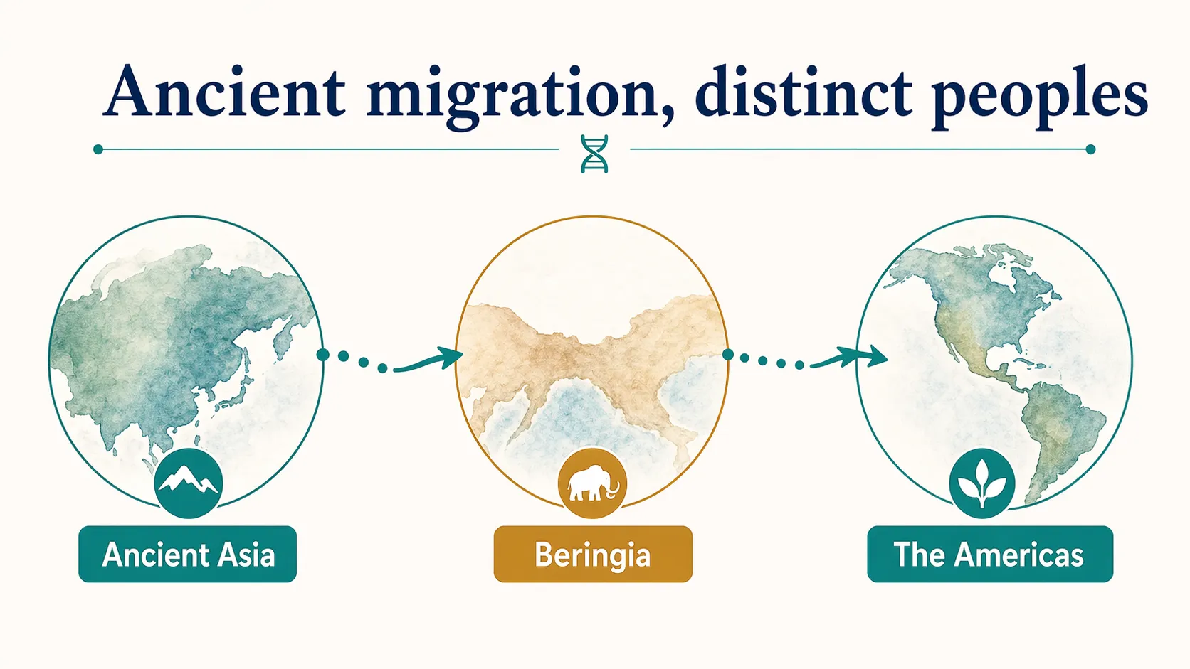 Ancient migration graphic showing Ancient Asia, Beringia, and the Americas as distinct points in population history.