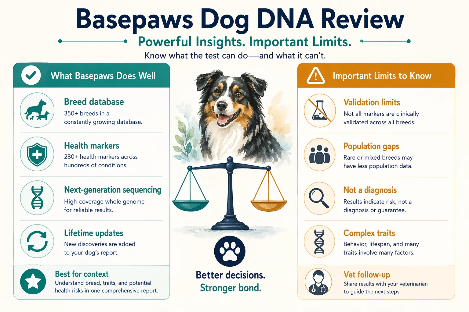 Comparison-style explainer showing Basepaws dog DNA strengths, including breed database, health markers, sequencing, updates, and validation limits.