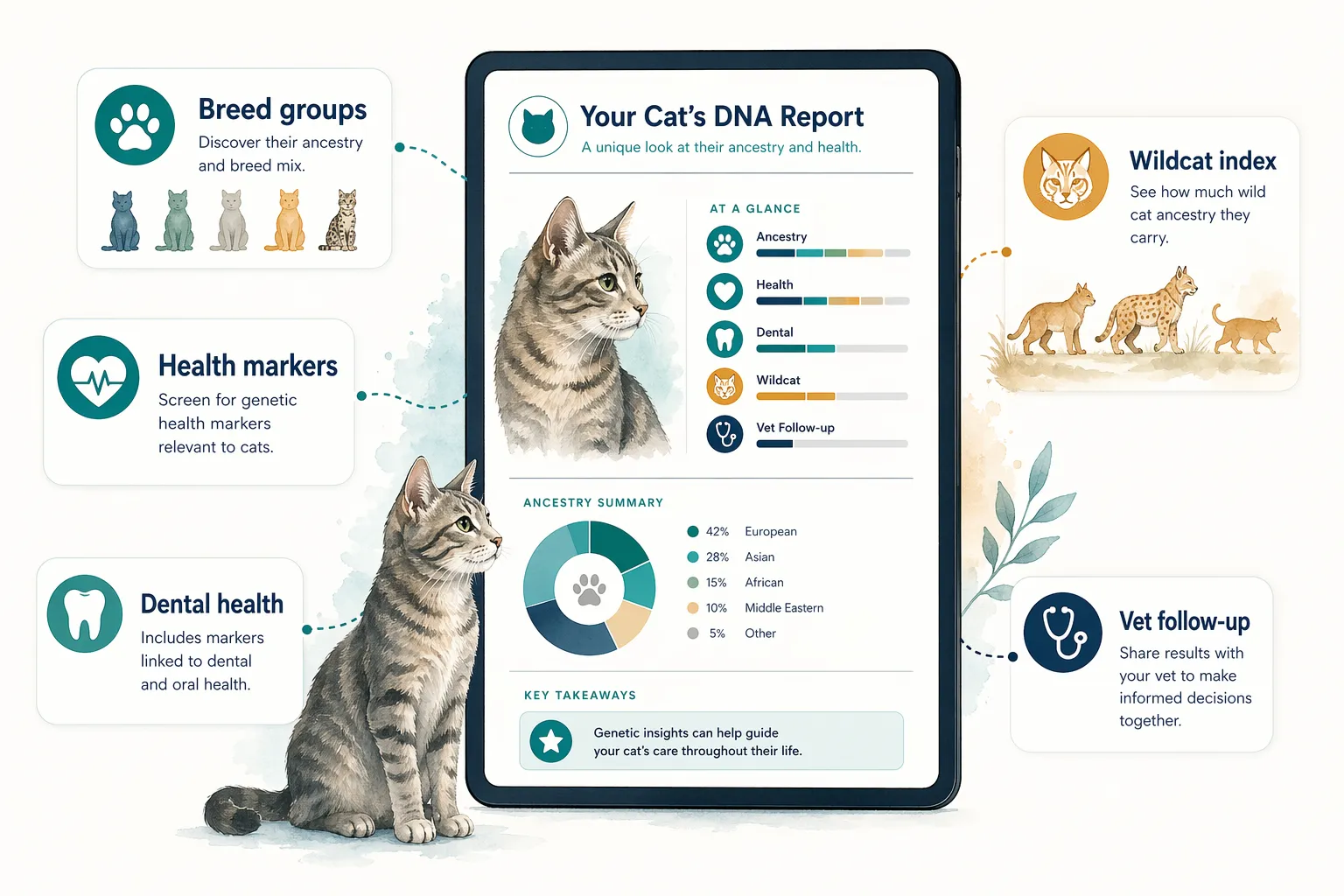 Cat DNA report illustration showing breed groups, health markers, dental health, wildcat ancestry, and veterinary follow-up.