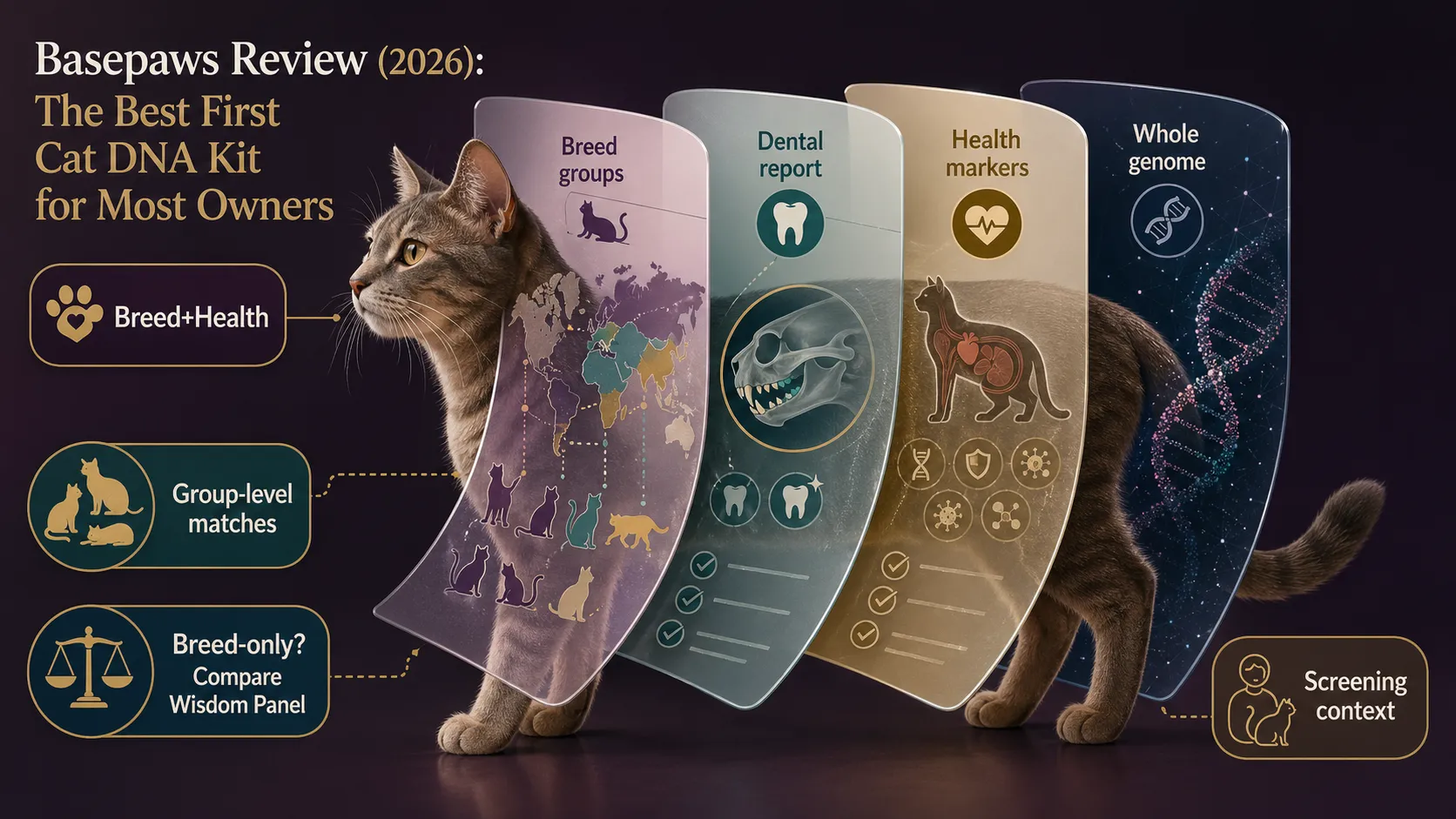 Basepaws cat report overlay showing Breed and Health, breed groups, dental report, health markers, whole-genome depth, group-level matches, and screening context.