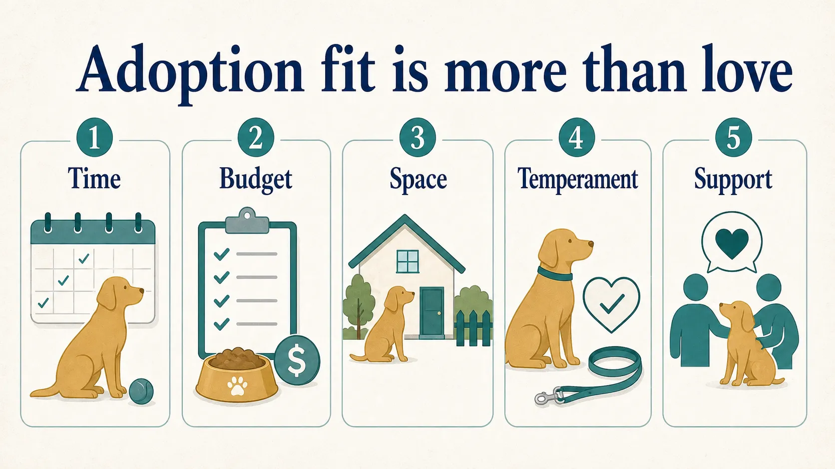 Dog adoption fit graphic showing time, budget, space, temperament, and support considerations.