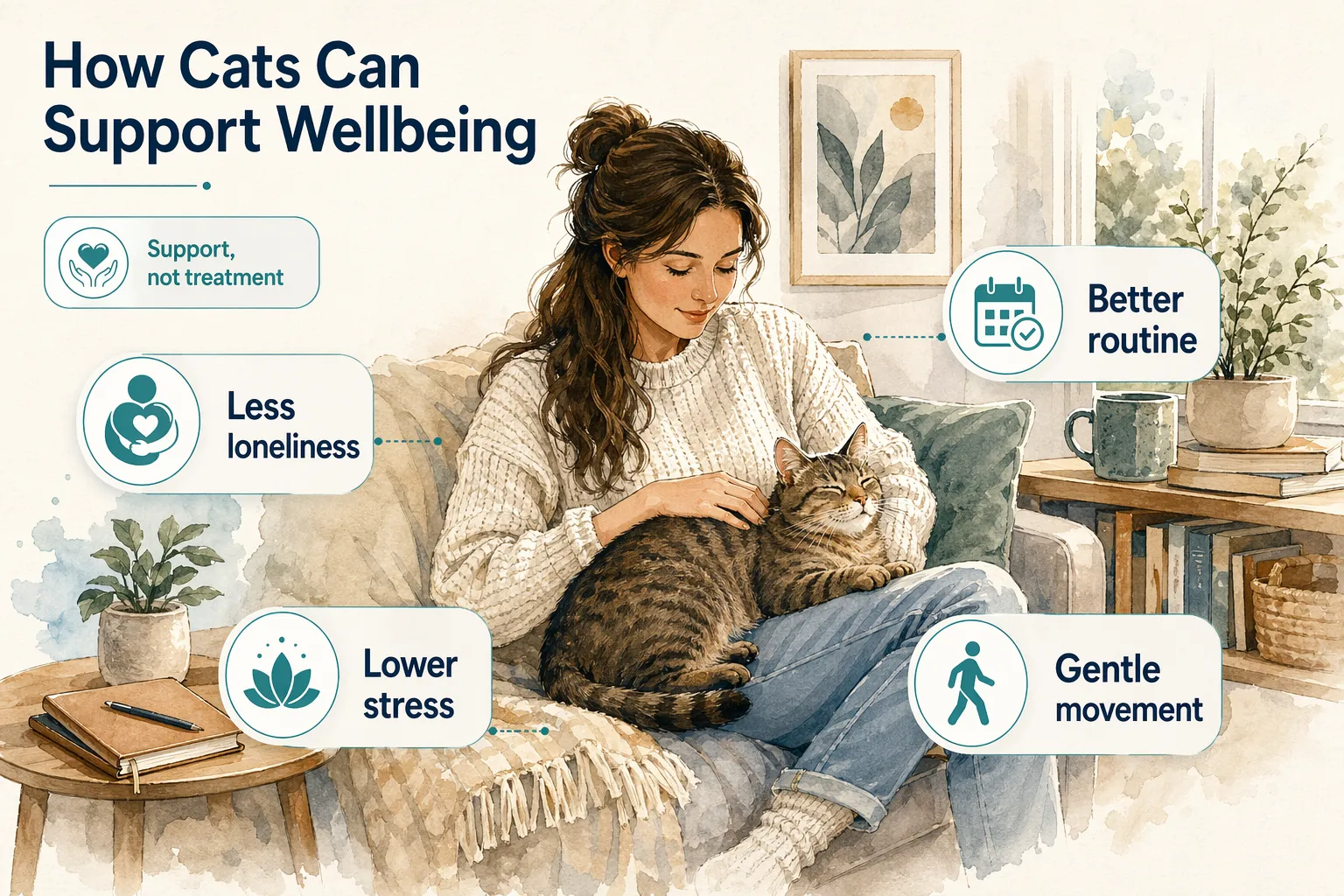 Lifestyle illustration showing ways cats may support wellbeing, including lower stress, less loneliness, better routine, and gentle movement.