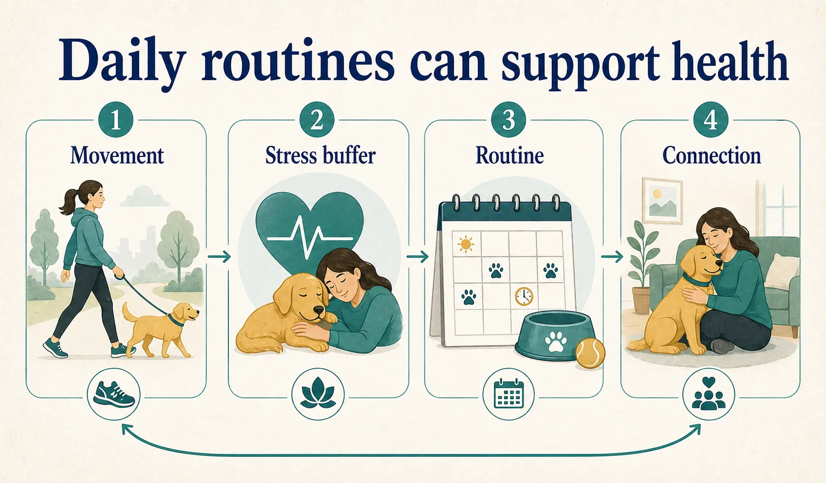 Dog health benefits graphic showing movement, stress buffer, routine, and connection.
