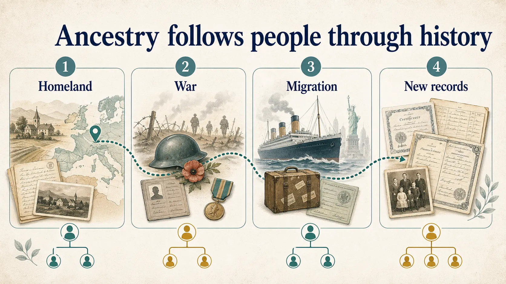 Family history graphic showing homeland, war, migration, and new records across an ancestry journey.