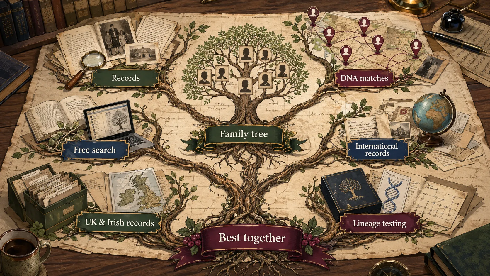 Ancestry research workbench showing records, family trees, DNA matches, free search, international records, UK and Irish records, and lineage testing.