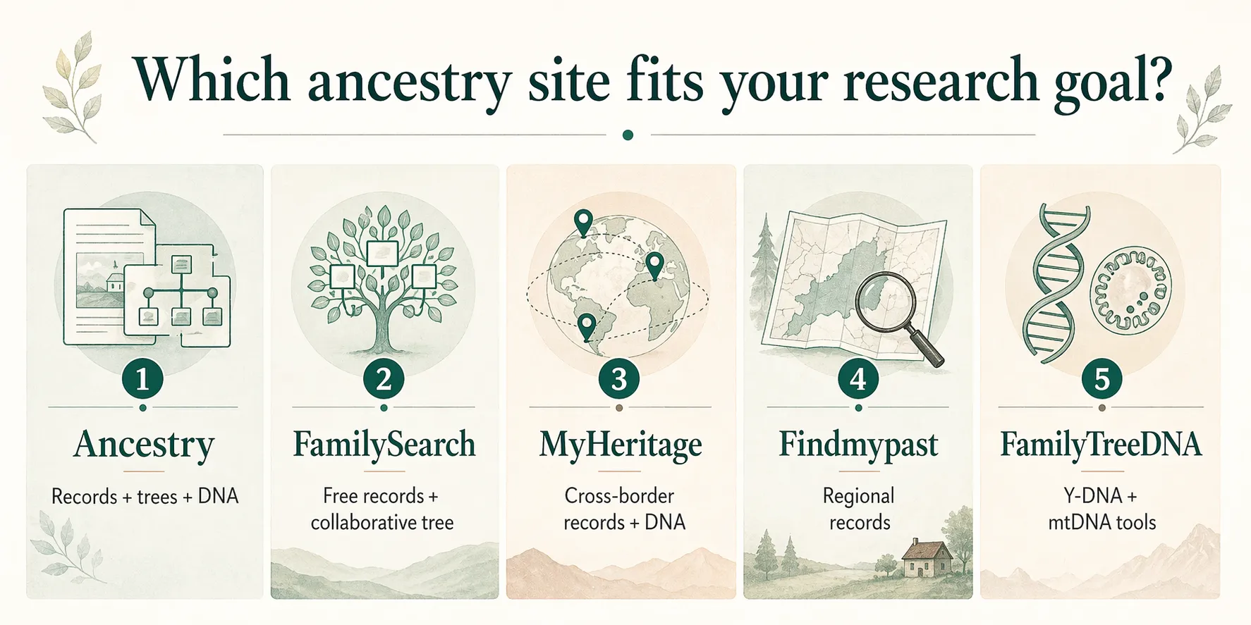 Chooser matching ancestry research goals to Ancestry, FamilySearch, MyHeritage, Findmypast, and FamilyTreeDNA