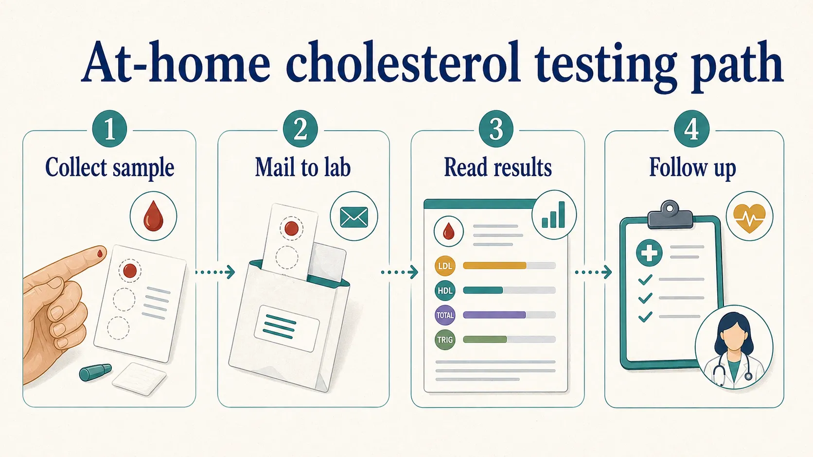 At-home cholesterol test graphic showing sample collection, mailing to a lab, reading results, and follow-up.