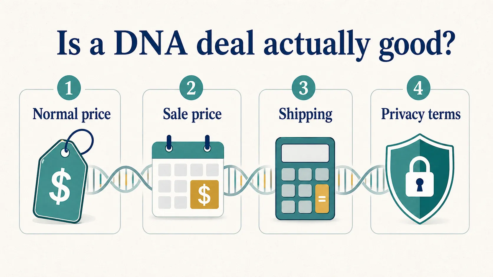 DNA test deals graphic showing normal price, sale price, shipping, and privacy terms as deal checks.