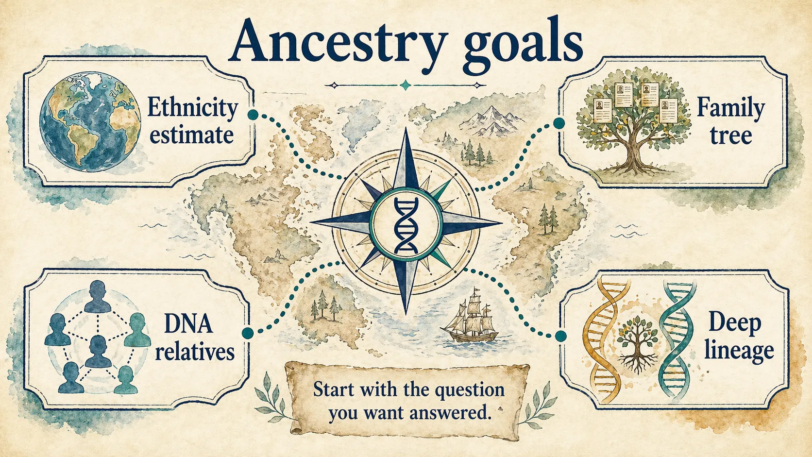 Ancestry testing map showing goals such as ethnicity estimates, family trees, DNA relatives, and deep lineage.