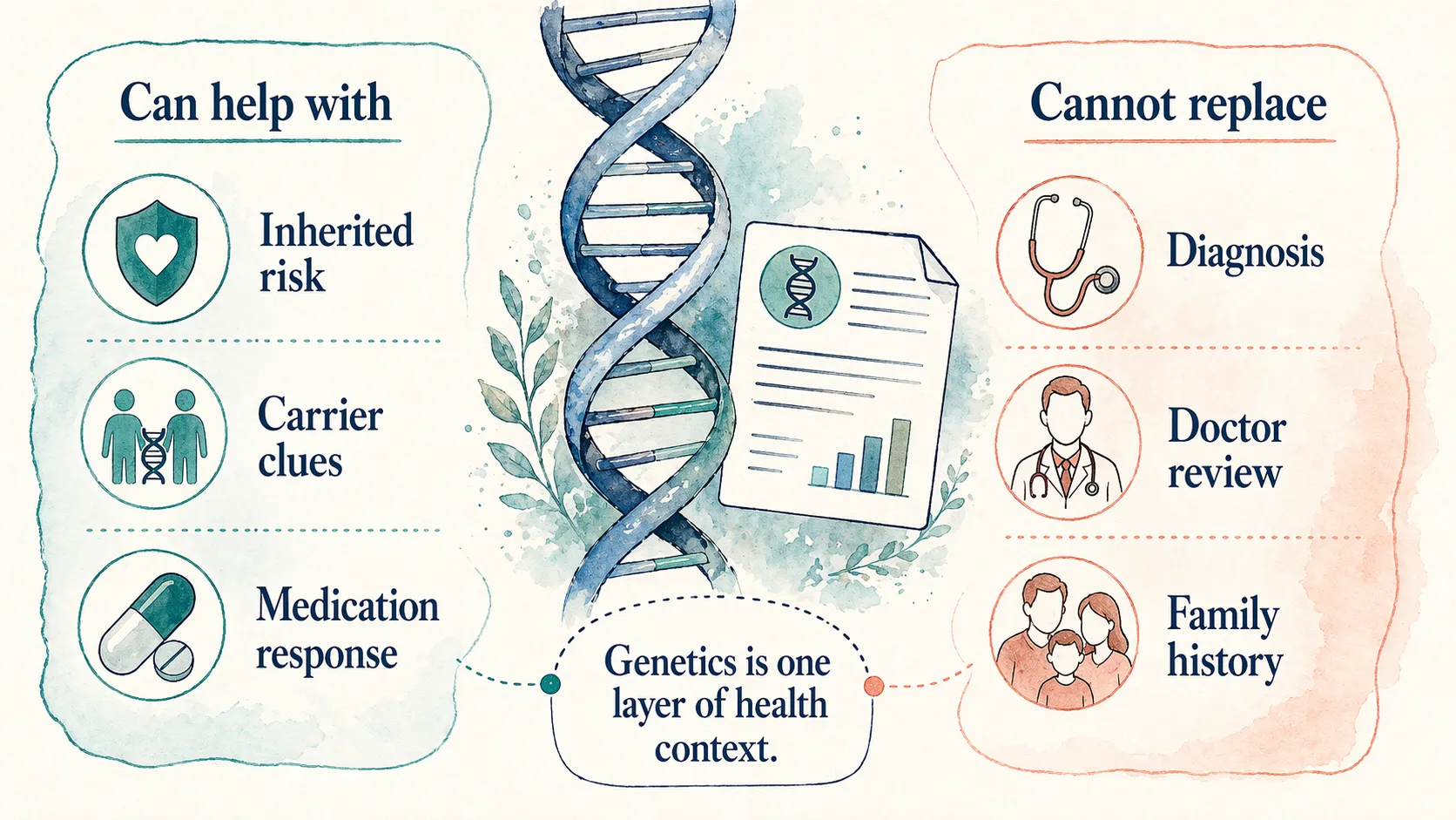 Health DNA explainer showing what consumer tests can help with and what they cannot replace.