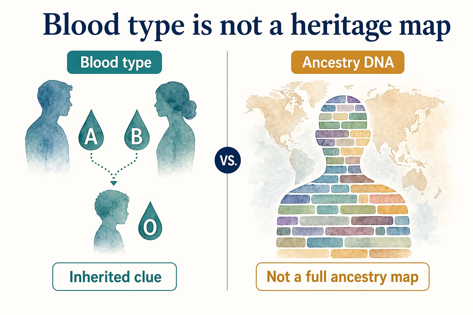 Blood type ancestry graphic showing blood type as an inherited clue, not a full heritage map.