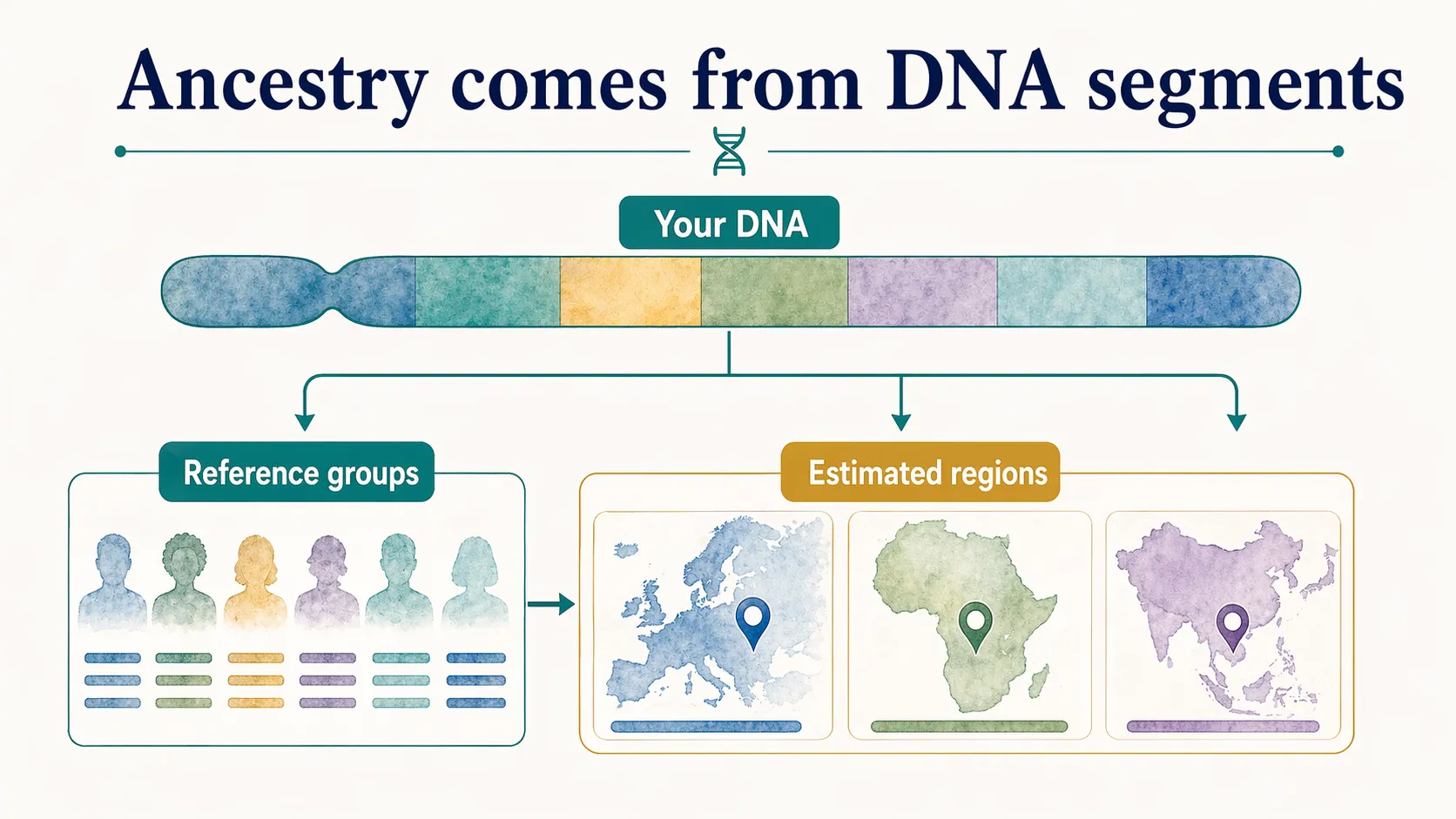Ancestry DNA graphic showing chromosome segments compared with reference groups to estimate regions.