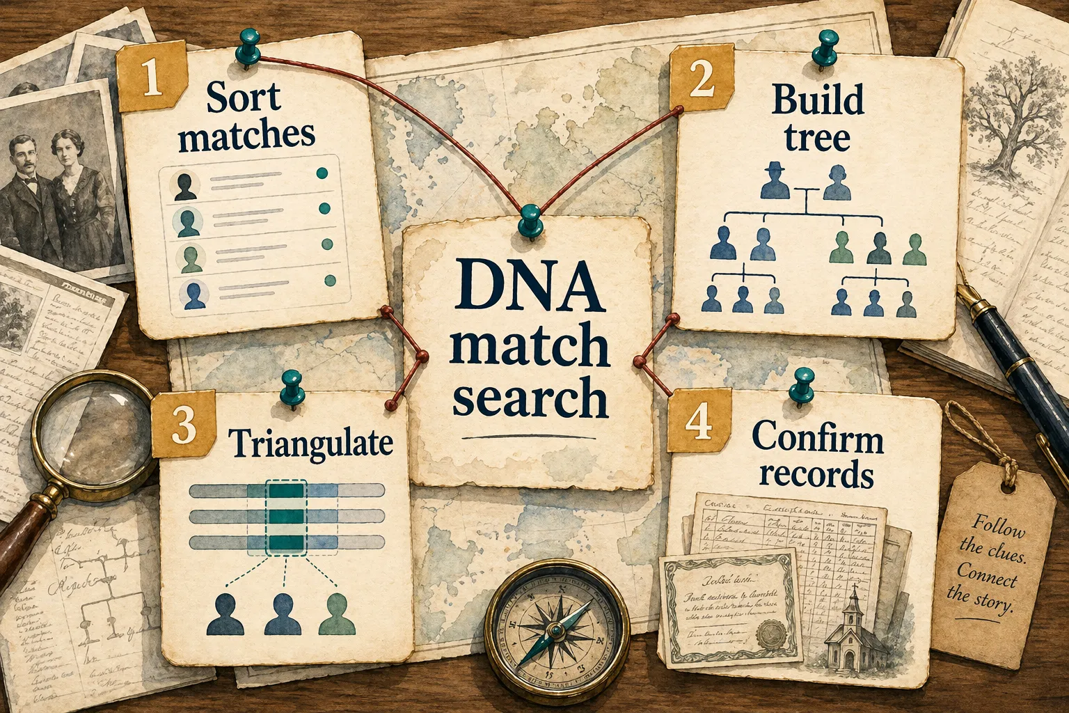 DNA match search workflow showing how to sort matches, build a tree, triangulate DNA, and confirm records.