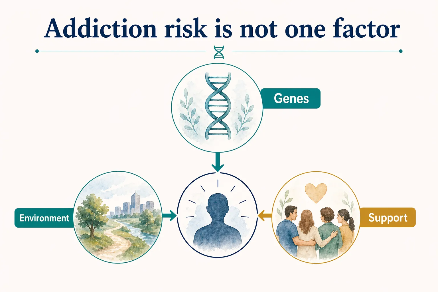 Addiction risk graphic showing genes, environment, and support as factors rather than one DNA prediction.