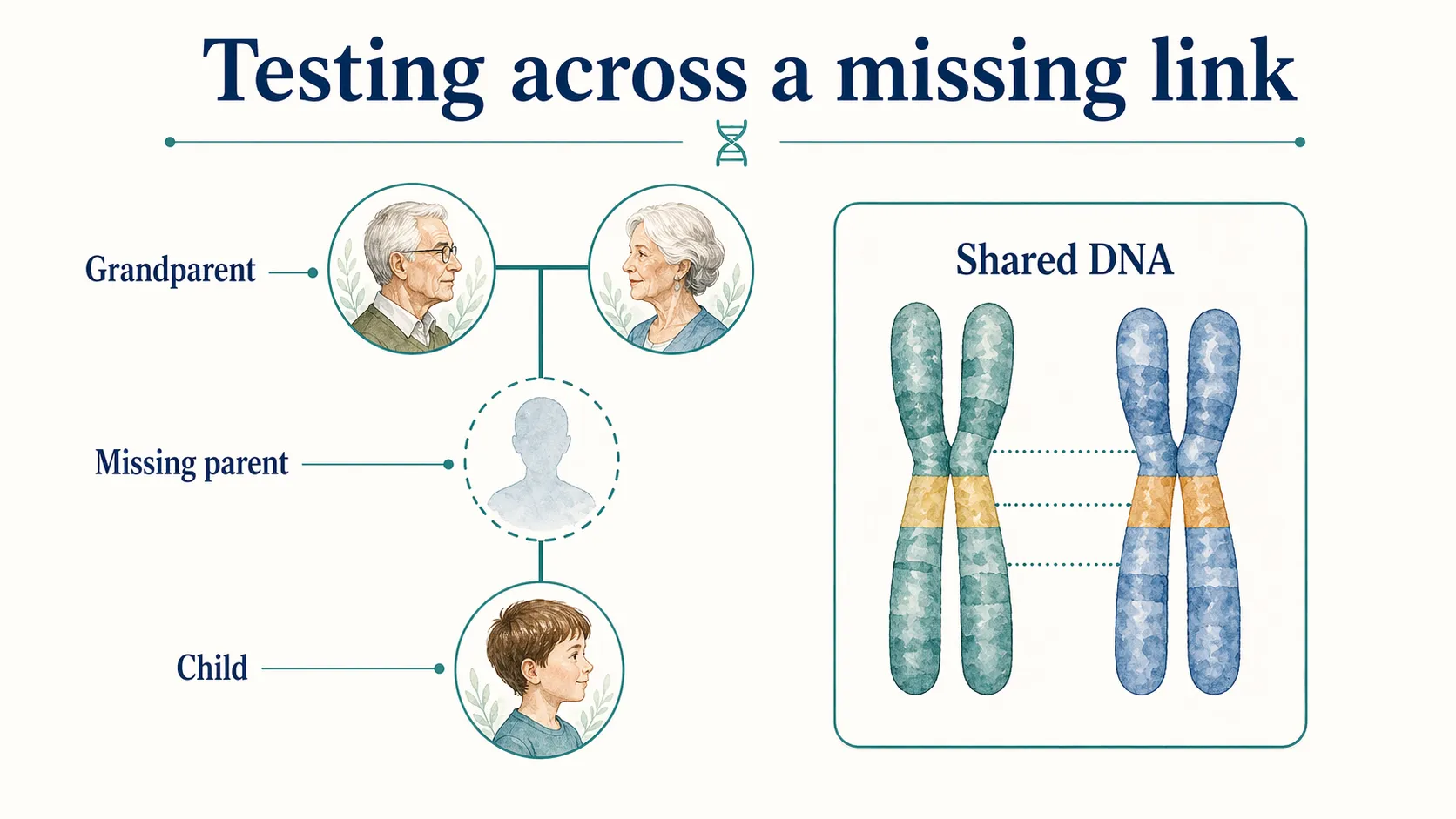 Grandparent DNA testing graphic showing shared DNA across a missing parent link.