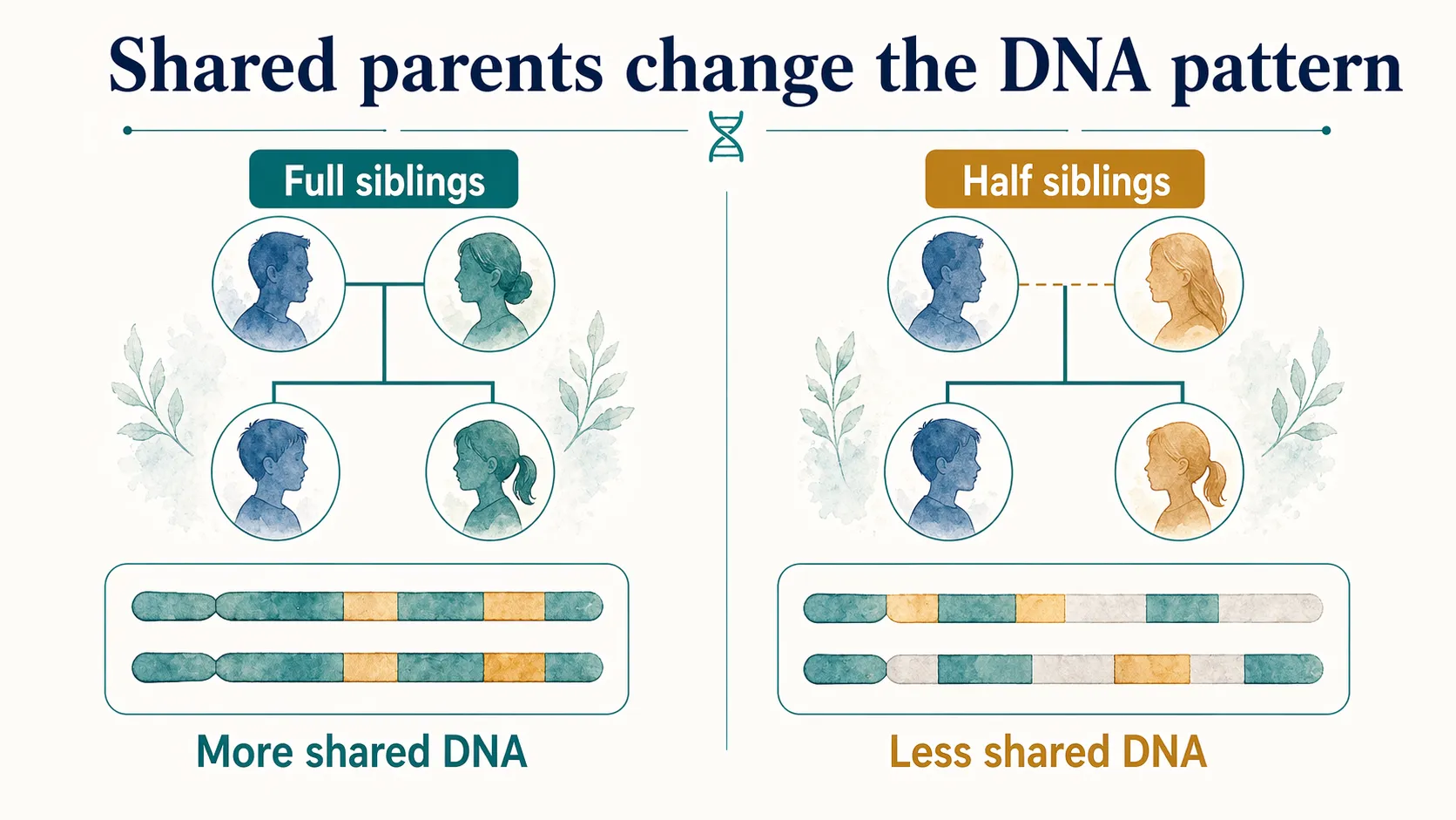 Half sibling DNA graphic showing how full siblings share two parents and half siblings share one parent.