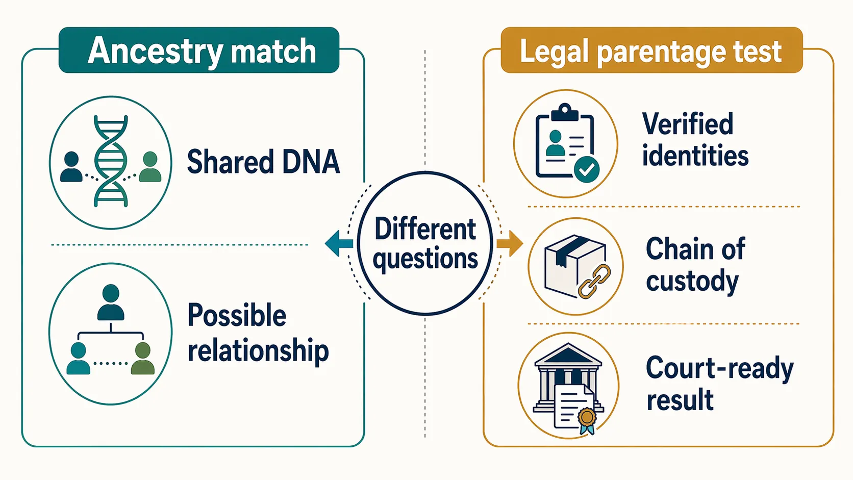 Infographic comparing ancestry matching with legal parentage testing, including shared DNA, possible relationships, verified identities, chain of custody, and court-ready results.