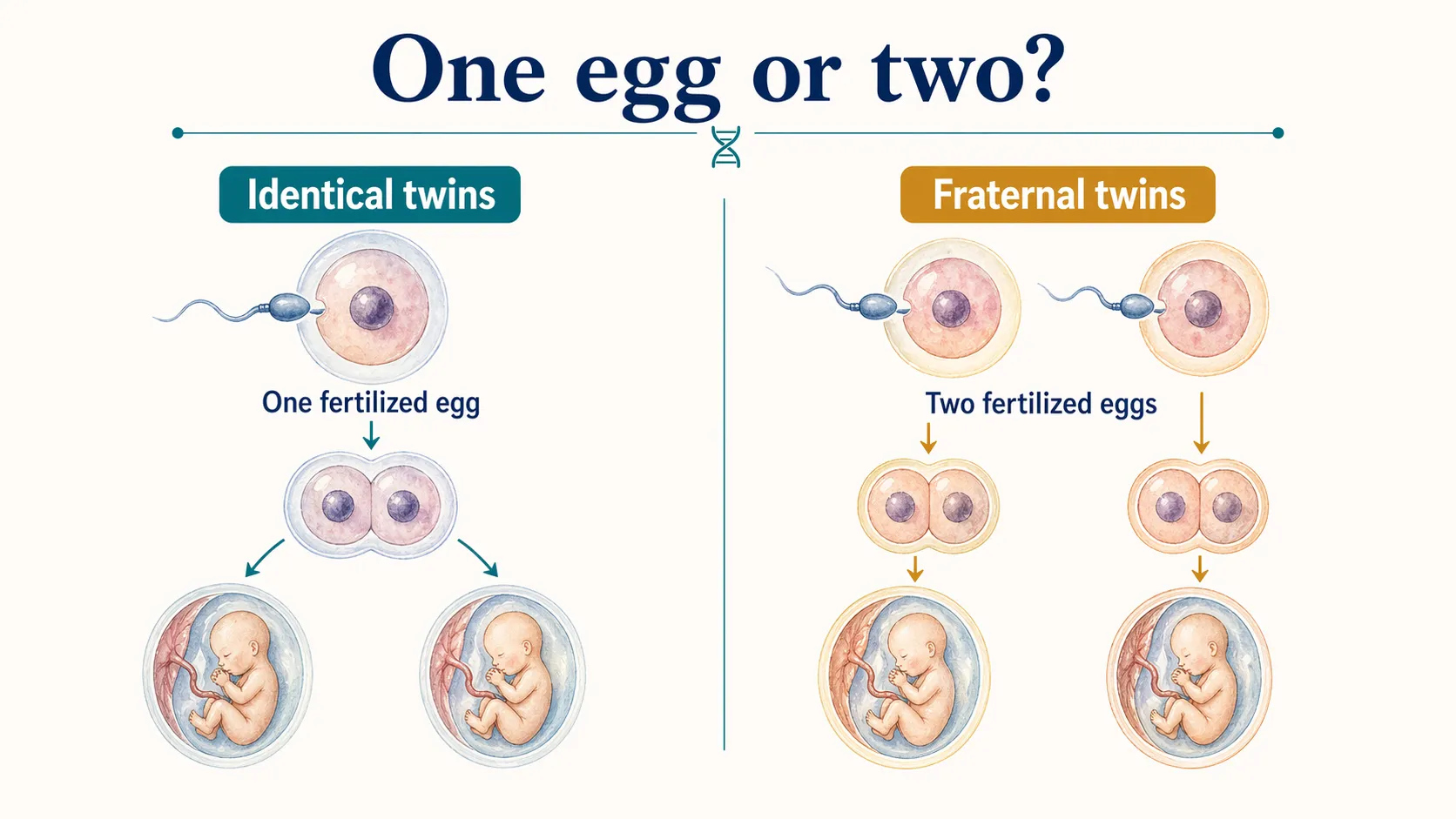 Twin DNA graphic showing identical twins from one fertilized egg and fraternal twins from two fertilized eggs.