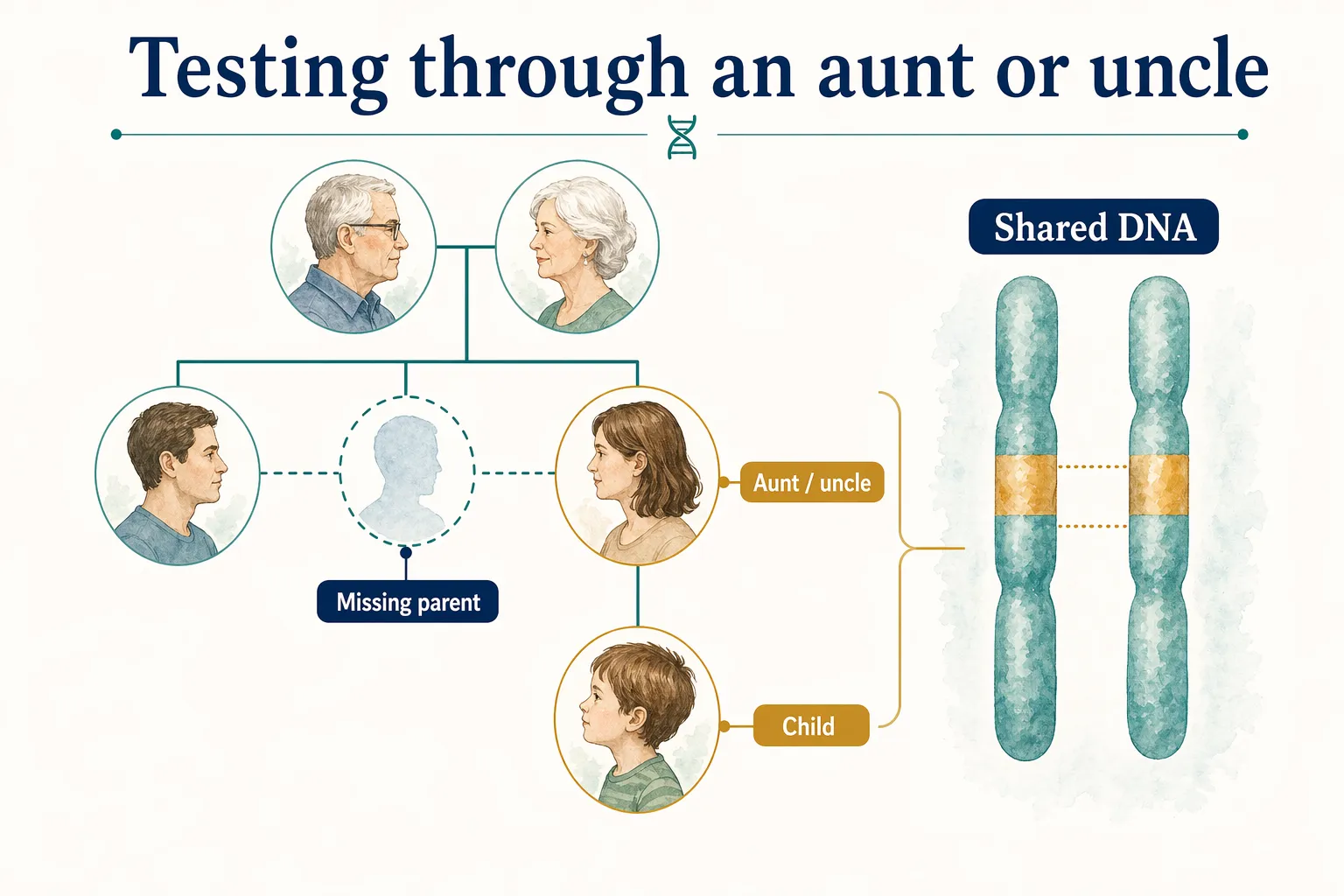 Avuncular DNA test graphic showing shared DNA between an aunt or uncle and child through a missing parent.