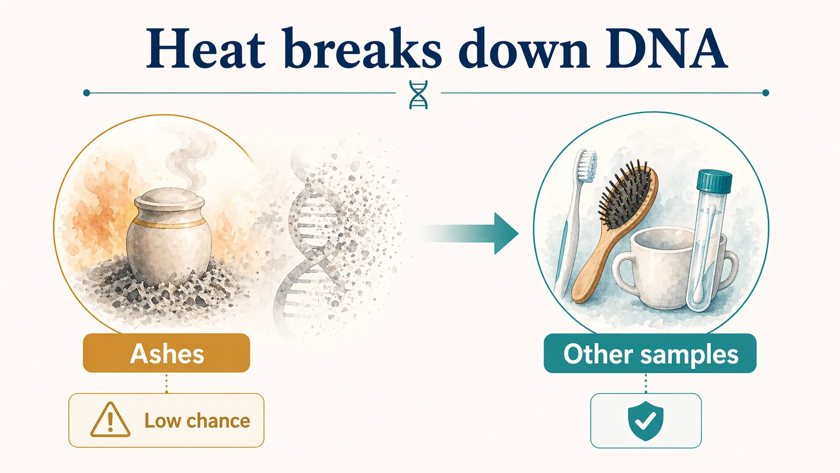 DNA from ashes graphic showing heat breaking down DNA and other samples as a better source.