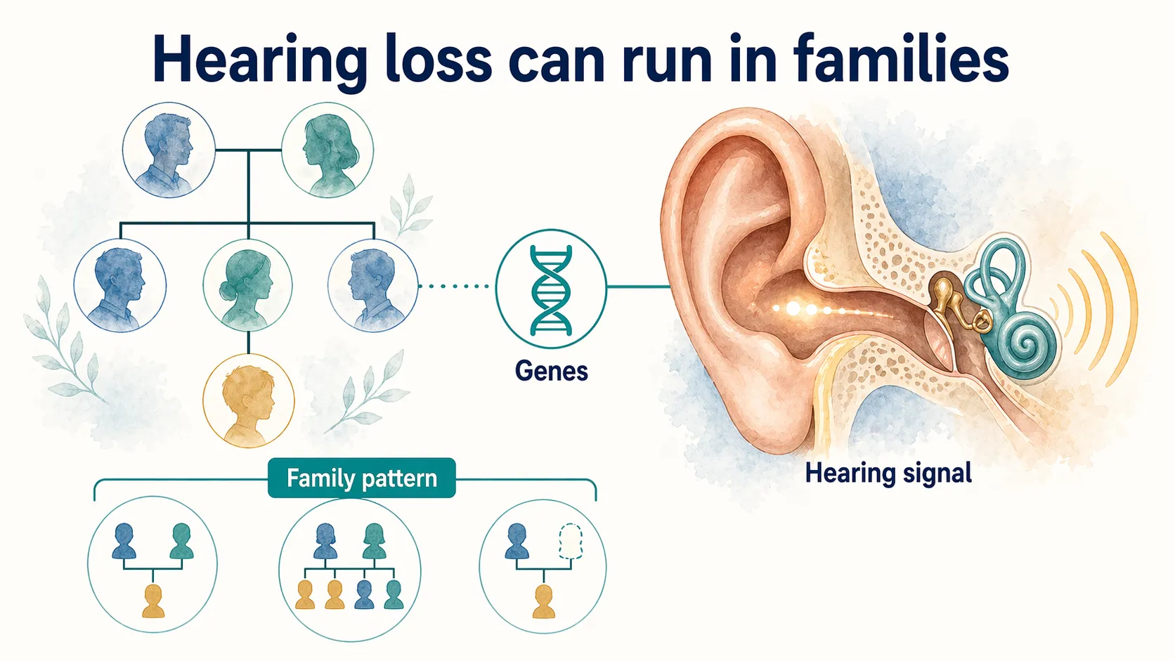 Genetic hearing loss graphic showing family pattern, genes, and hearing signal.
