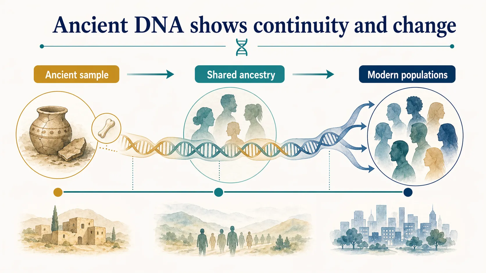 Ancient DNA graphic showing continuity and change from ancient sample to shared ancestry and modern populations.