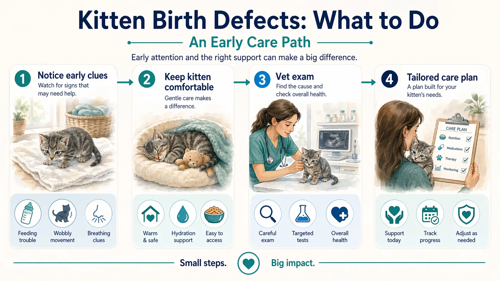 Early care path for kittens showing warning clues, comfort care, veterinary exam, and a tailored care plan.