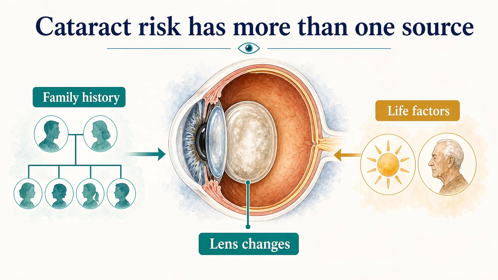 Cataract risk graphic showing family history and life factors both contributing to lens changes.