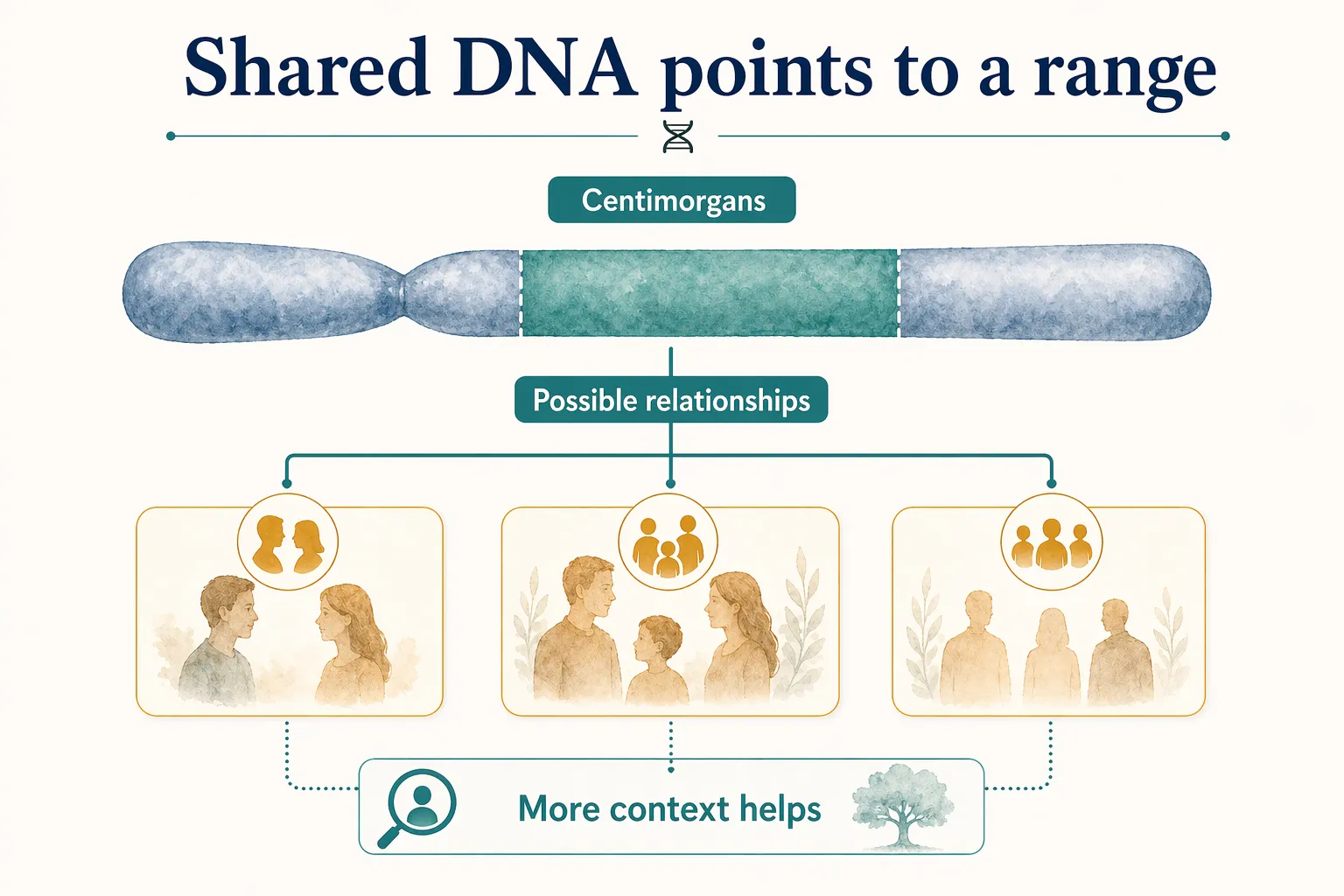 Centimorgan graphic showing shared DNA pointing to a range of possible relationships.