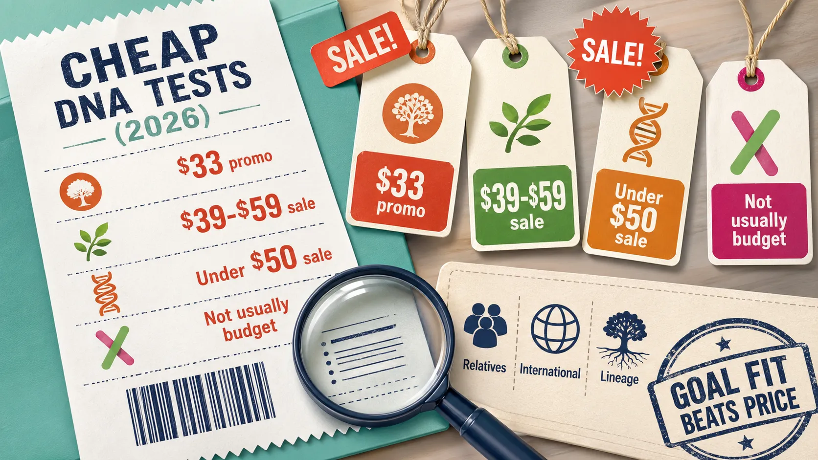 Budget DNA test receipt showing promo prices, sale ranges, under-fifty-dollar picks, and goal fit beating price alone.