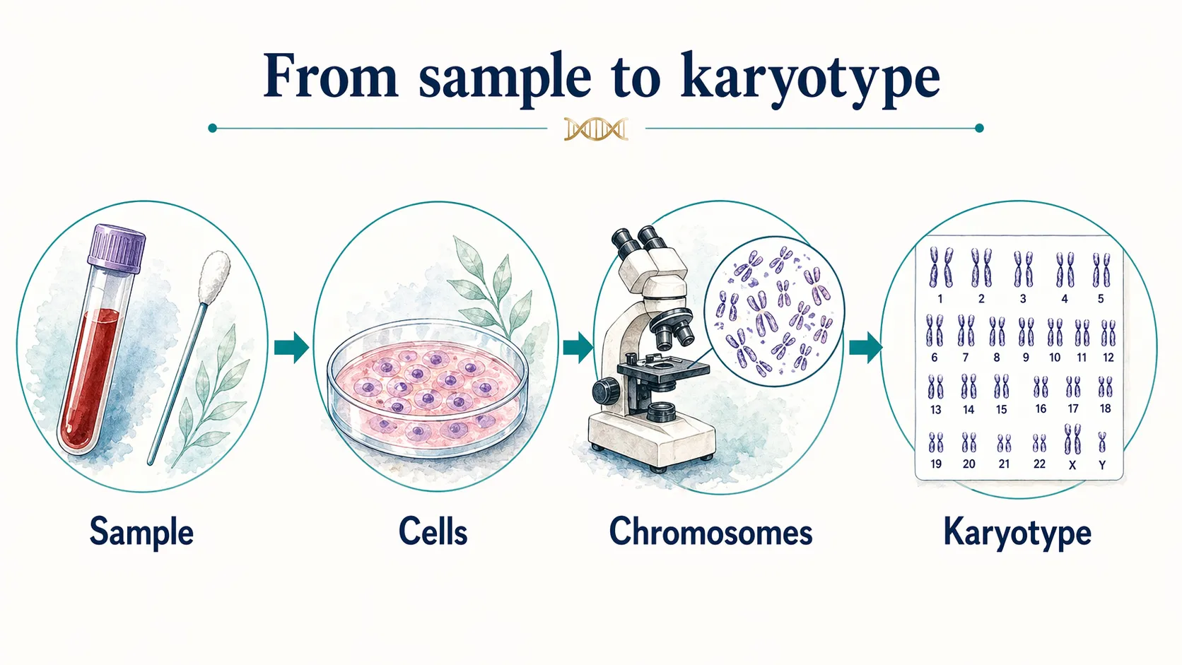 Simple workflow showing a chromosome analysis from sample to cells to chromosomes to karyotype.