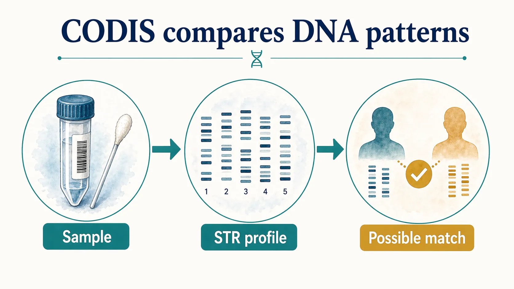 CODIS graphic showing a sample becoming an STR profile and possible database match.