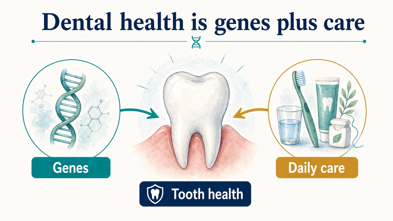 Dental health graphic showing genes and daily care both contributing to tooth health.