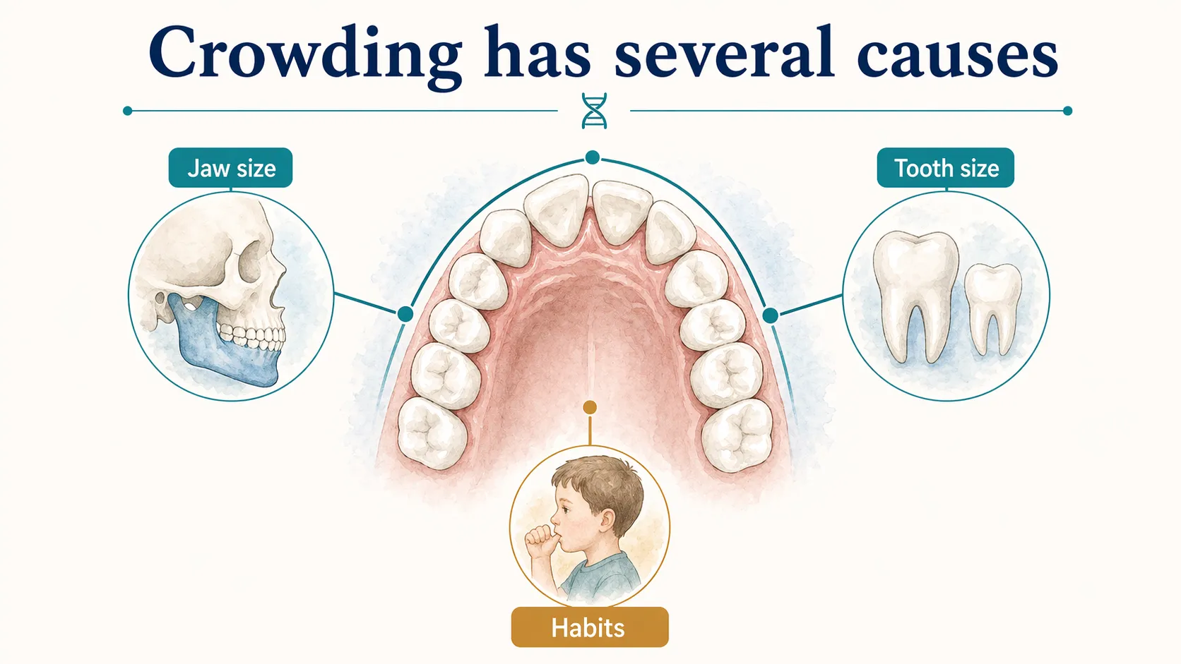 Teeth crowding graphic showing jaw size, tooth size, and habits as several causes.
