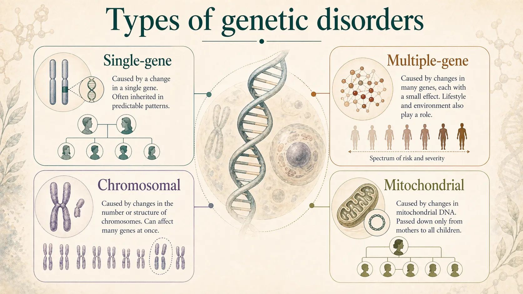 Comparison of single-gene, multiple-gene, chromosomal, and mitochondrial disorder categories.