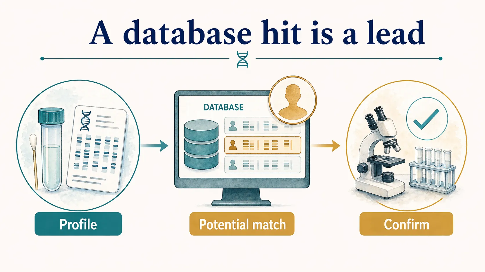 DNA database graphic showing a profile, potential match, and confirmation step.